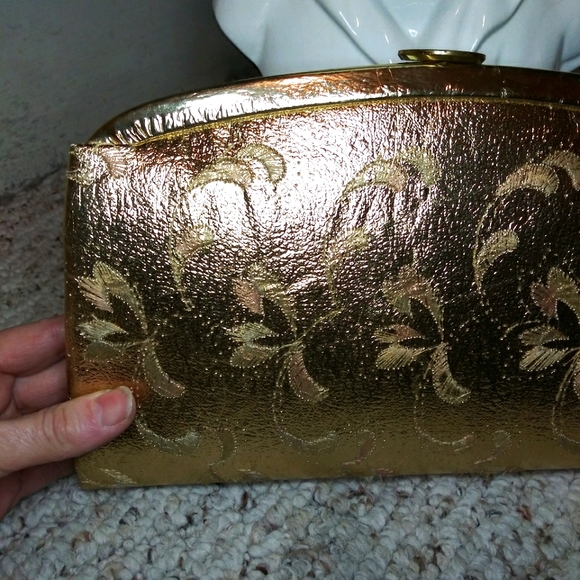 Vintage ER Miami Metallic Gold Embroidered Faux Leather Clasp Top Clutch Purse - Picture 2 of 16